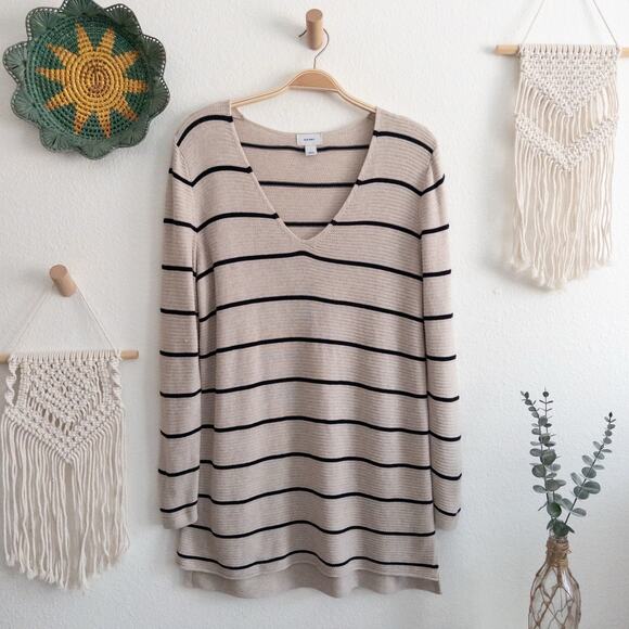 Old Navy Beige Black Stripe V-Neck Pullover Knit Top Tunic Length Size Large - Picture 1 of 6